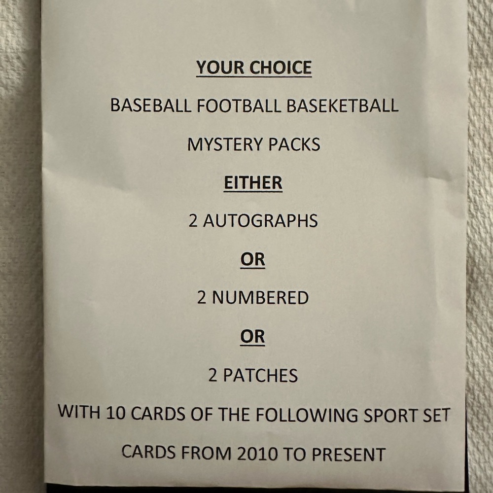 Mystery Sport packs inside is either 2 autographs or 2 numbered or 2 patch cards